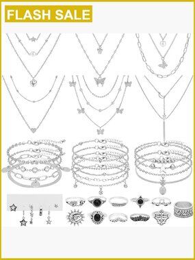 42pc Silver Gothic Punk Jewelry Set Necklaces Bracelets Earrings Rings Y2K